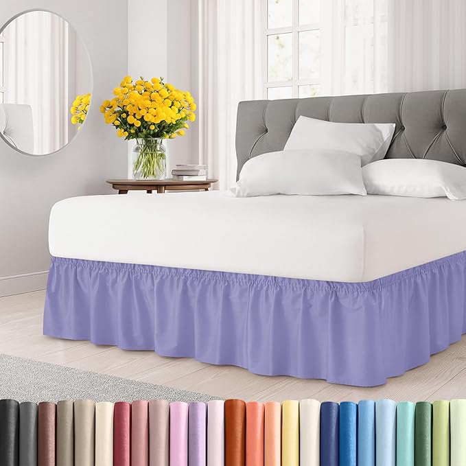 Wrap Around Dust Ruffle Bed Skirt - Lavender - for King Size Beds with 21 Inch Drop - Easy Fit Elastic Strap - Adjustable Pleated Bedskirt w/Brushed Fabric Wrinkle Free - for Women, Men, Kids & Teens