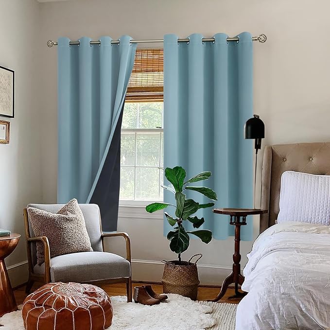 BGment Thermal Insulated 100% Blackout Curtains for Bedroom with Black Liner, Double Layer Full Room Darkening Noise Reducing Grommet Curtain (52 x 72 Inch, Greyish Blue, 2 Panels)