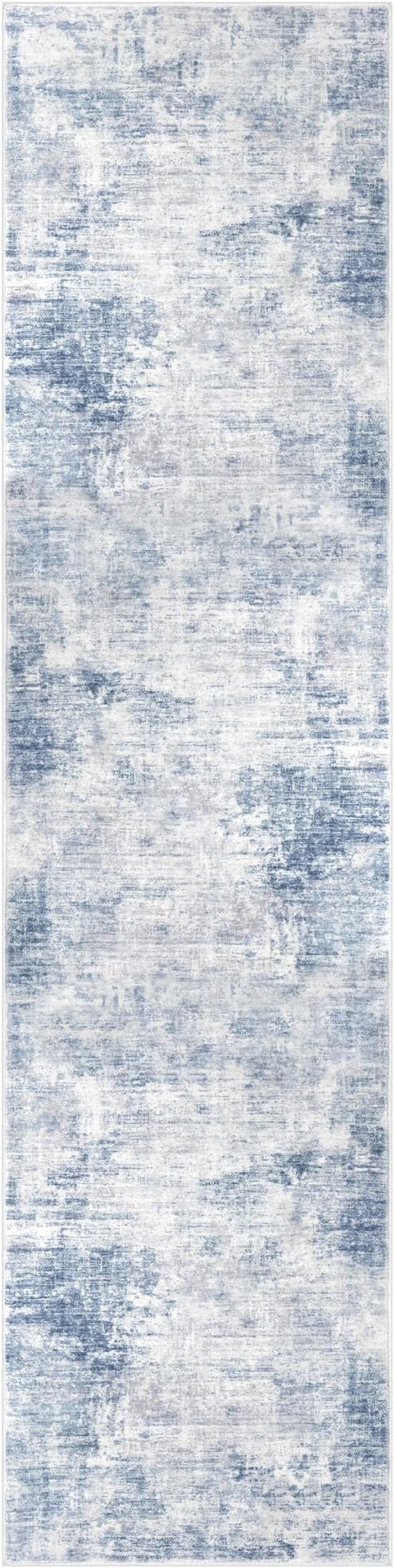 IOHOUZE Abstract Runner Rug 3x12 Ft Washable Runners for Hallways, Non Slip Kitchen Runner Printed Faux Wool Entryway Runner Indoor, Modern Abstract Floor Carpet for Hall Kitchen, Light Blue White