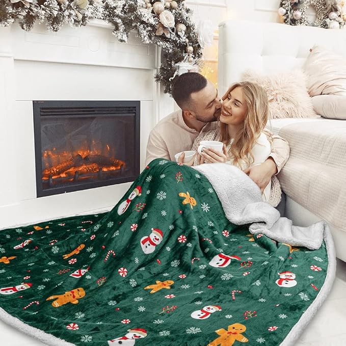PAVILIA Green Christmas Sherpa Throw Blanket, Gingerbread Snowman Holiday Pattern, Soft Reversible Fleece & Sherpa 50x60 Winter Blanket for Couch & Bed, Cozy Christmas Decor