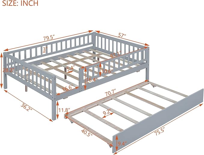 Bellemave Full Size Bed Frames with Rails for Kids, Full daybed Frame with Trundle for Boys/Girls/Adults， Gray