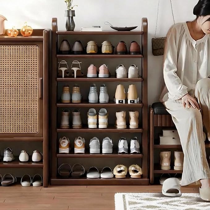 7 Tier Shoe Rack Solid Wood Shoe Organizer for Closet Free Standing Shoe Cabinet Shoe Storage Shelf for entryway, Closet and Doorway, Walnut