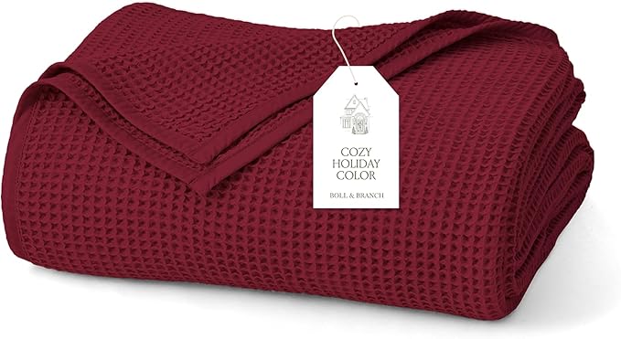 BOLL & BRANCH Waffle Bed Blanket - King/Cal King, Holly - Luxury 100% Organic Cotton - Soft, Lightweight and Breathable - Textured Waffle Weave
