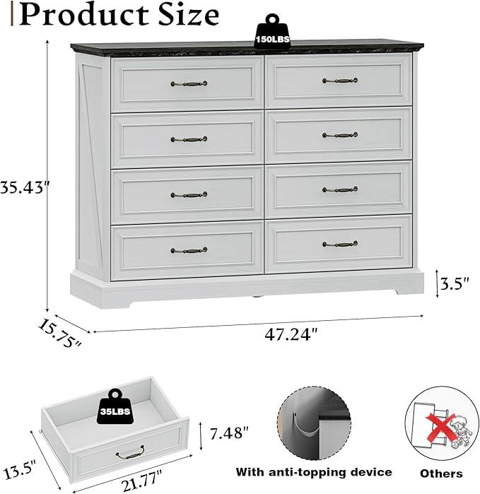 Farmhouse 8 Drawers Dresser for Bedroom, 48" Wide Wood Chest of Drawers with Deep Drawers & Bar Handles, Modern Dresser TV Stand, Rustic Wooden Closet Storage Organizer for Living Room, Hallway, White