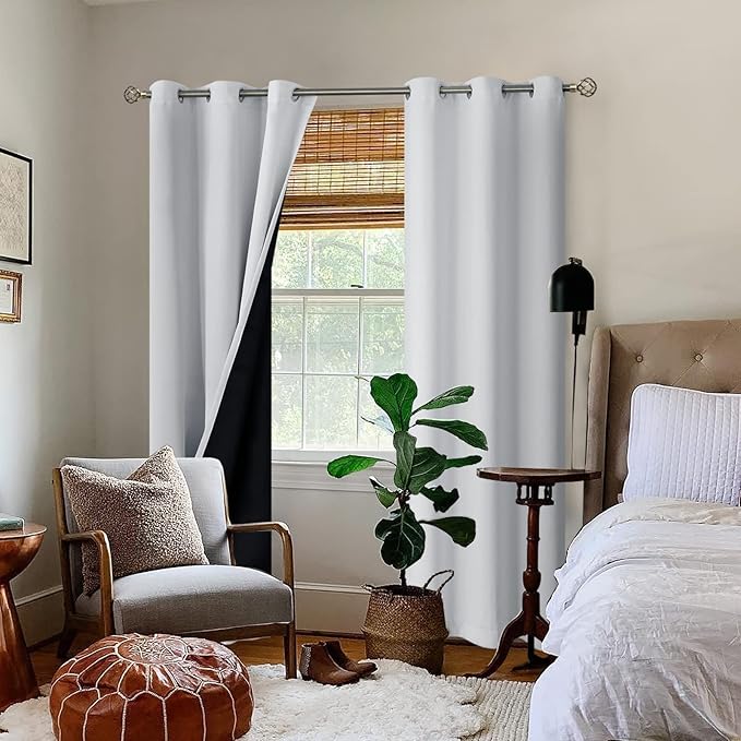 BGment Thermal Insulated 100% Blackout Curtains for Bedroom with Black Liner, Double Layer Full Room Darkening Noise Reducing Grommet Curtain (42 x 84 Inch, Greyish White, 2 Panels)