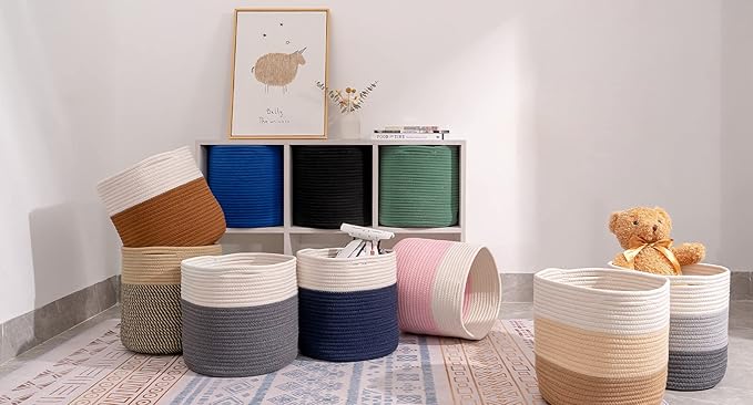 voten Woven Cotton Rope Round 11x11x11'' Storage Cubes Baskets Bins Organizer, 3-Tone Gray, 3-Pack