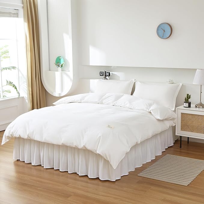 MEILA Wrap Around Bed Skirt Three Fabric Sides Elastic Dust Ruffled 14 Inch Tailored Drop,Easy to Install Fade Resistant-Natural White, Queen/King