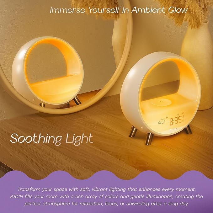 Dekala 5G Arches Gradual Sunrise Alarm Clock with Wireless Charging Loud Alarm Clock for Heavy Sleepers Sunset White Noise Sleep Sound Machine Bluetooth Speaker Night Light Touch/App/Button Control