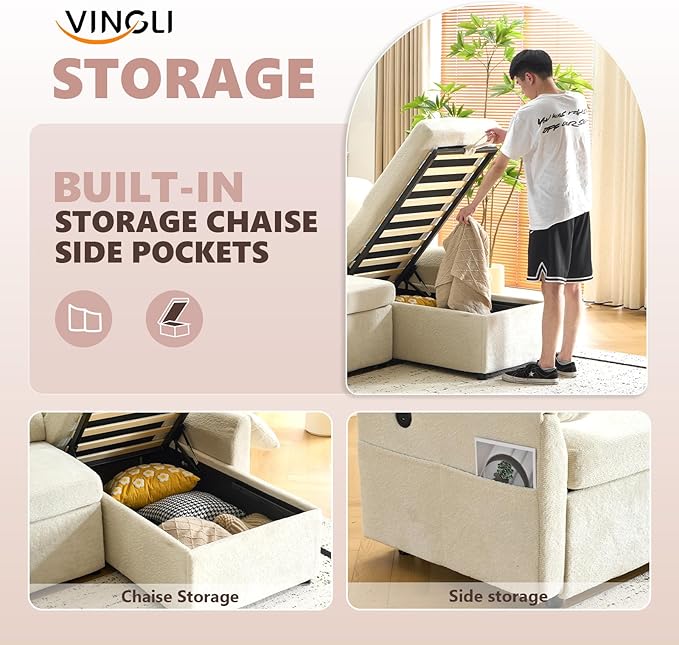 VINGLI Convertible Sofa Bed Couches for Living Room, Sleeper Sofa with Pull Out Couch Bed, Cloud-Like Plush Fleece L-Shape Sectional Couch with Storage Chaise, USB Charging, Side Pockets (Beige)