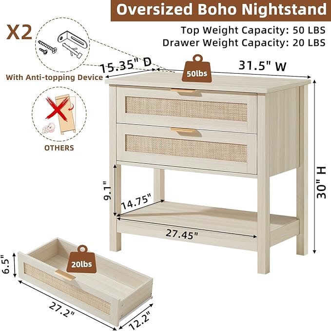 LEYAOYAO 31.5" Wide Rattan Night Stand, Oversized Large Boho Nightstand with 2 Drawer, Grey White Bed Side End Tables with Storage Shelf, Tall Bedside Table for Bedroom Living Room, Hallway