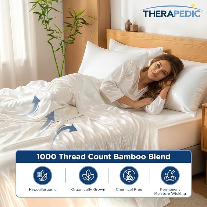 Therapedic 1000TC California King 6-Piece Sheet Set - 100% Organic Rayon Derived from Bamboo Blend with Cooling Fiber, Ideal for Hot Sleepers - 16" Deep Pocket Fitted Sheet, Bonus Pillowcases - White