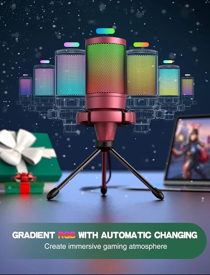 FIFINE AmpliGame PC Gaming Streaming USB Microphone, RGB Desktop Microphone for Computer/Mac/PS4/PS5, Podcast, Recording, TikTok, Game Chat, Condenser Mic with Pop Filter, Shock Mount - Red