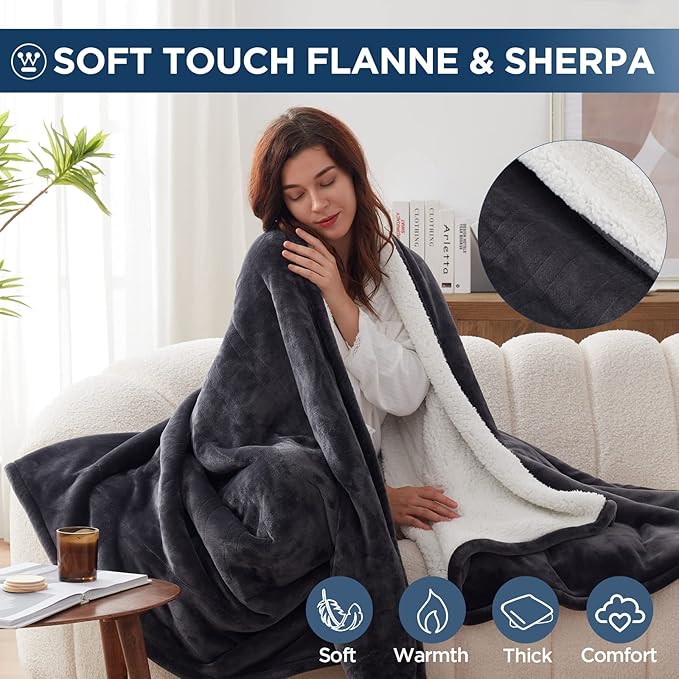 Westinghouse Electric Blanket Full, Heated Blanket Full Size with 10 Heating Levels and 1 to 12 Hours Heating Time Settings, Flannel to Sherpa Reversible, Machine Washable (80" x 84", Charcoal)