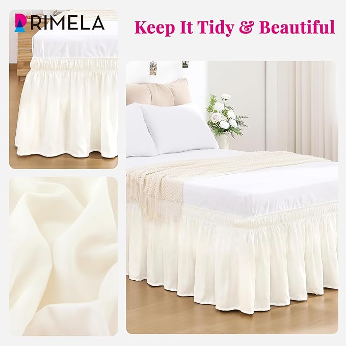 RIMELA Cream White Bed Skirt Queen Size 15 Inch Drop, Wrap Around Elastic Bedskirt, Dust Ruffle for Adjustable Bed Base Machine Washable Easy to Install Bed Skirts