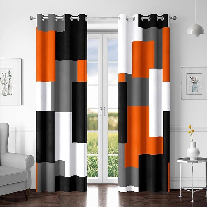 Orange 100% Blackout Curtains for Bedroom 63 inch Length 2 Panels Set Black Grey Modern Abstract Geometric Black Out Curtains Insulated Room Darkening Window Drapes for Living Room, 52Wx63L