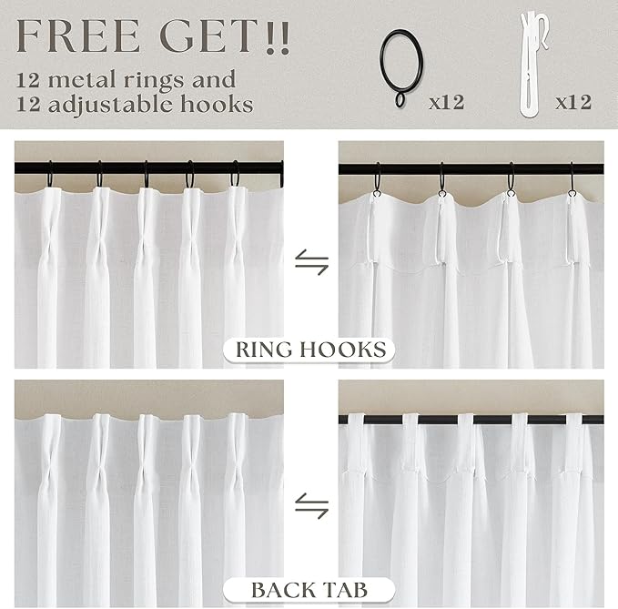 Pinch Pleated Extra Wide Linen Curtains 120 Inches Long for Patio Sliding Glass Door White 70 Inch Wide Pleated Drapes with Hooks Rings Neutral Natural Semi Sheer 70x120 Curtain for Living Room