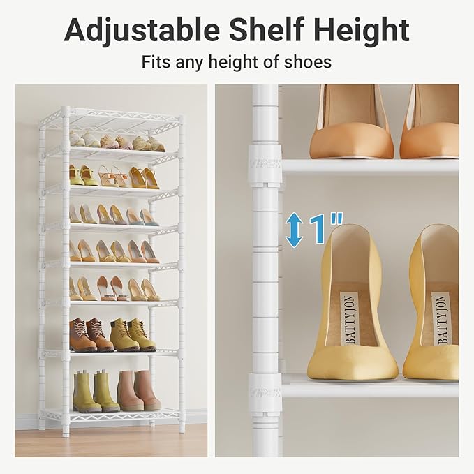 VIPEK S1 Shoe Rack, 8-Tier Metal Durable Shoe Organizer, Heavy Duty Large Capacity Up to 24 Pairs, Adjustable & Detachable Shoe Shelves for Entryway/Bedroom/Closet, Holds Up to 544 lbs, White