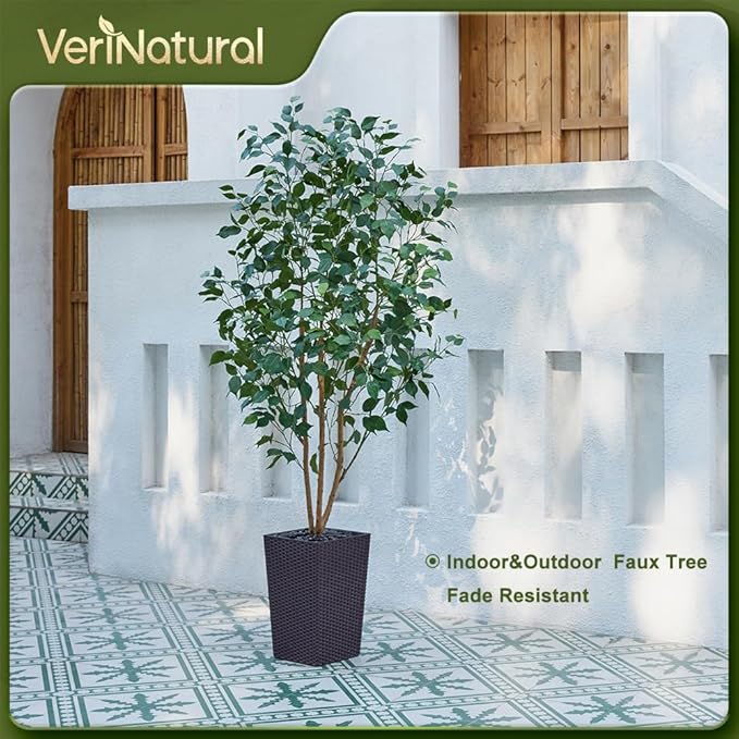 6ft Artificial Ficus Tree,Tall Faux Tree with Silk Leaves & Real Wood Trunk,UV Resistant Potted Fake Plant with Pebbles & Planter-Indoor Outdoor Floor Plant for Home Living Room,VN129