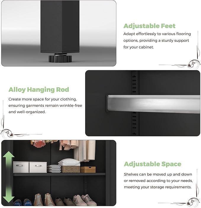 COFaR Metal Wardrobe Cabinet with Hanging Rod, 71 inches Tall Bedroom Armoire Wardrobe Closet for Home, Office, Garage, Laundry Room Black