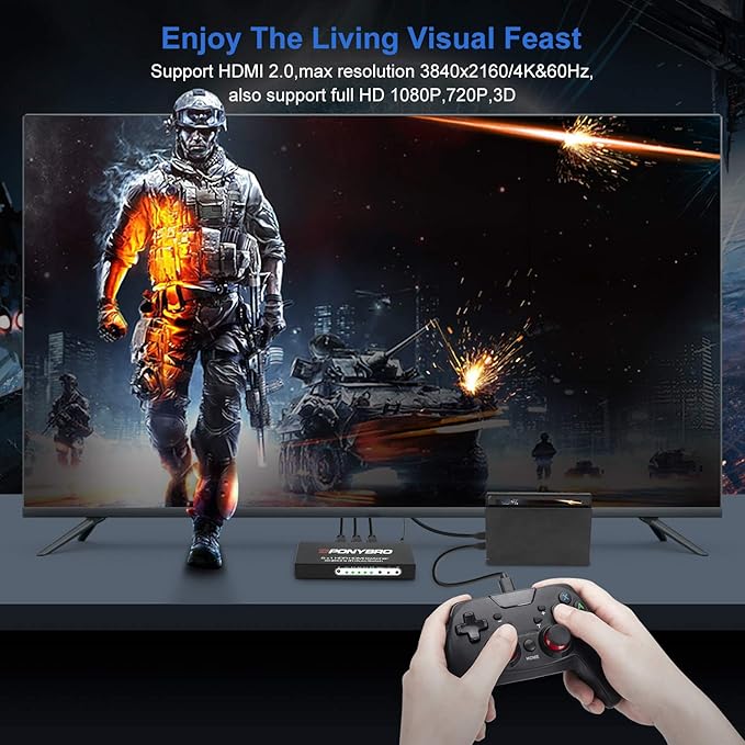 HDMI 2.0 Switch 5 Port 4K@60Hz Auto-Switching – 5 in 1 Out with Remote, HDR10, 3D, Ultra HD for PS5/Xbox/PC/Fire TV, Zero Delay