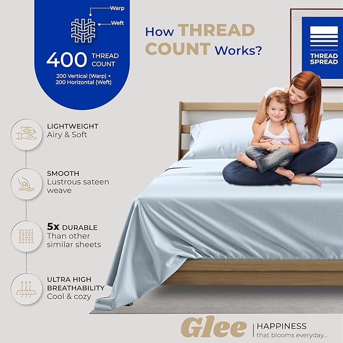 THREAD SPREAD Split King Size Sheets Set Cotton - 400 Thread Count Cotton Split King Sheets 5 PC Set (Light Blue), Ultra Soft, Cooling, Hotel-Quality 16" Deep Pocket Sateen Bedsheet for Hot Sleepers