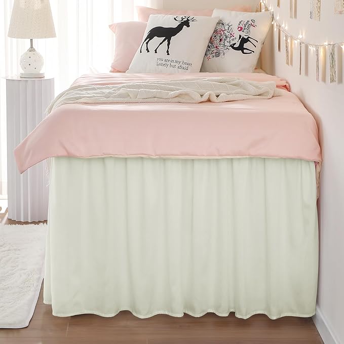 RIMELA Ivory White Dorm Bed Skirt Twin XL 32 Inch Drop, Easy to Install Extra Long Wrap Around Elastic Dust Ruffle, Bedskirt Silky Fabric Machine Washable (Twin XL 80“L x 39”W & Twin 75“L x 39”W)