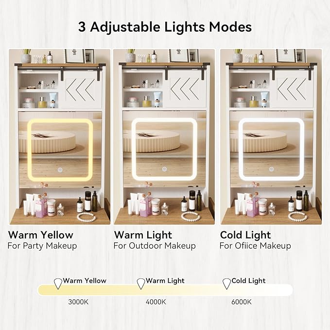 ARTETHYS Farmhouse Small Vanity Desk Set with Mirror Cabinet Mini Makeup Vanities Set with 3 Adjustable Lights and Storage Chair for Compact Space, White Dressing Table with Fold-up Panel