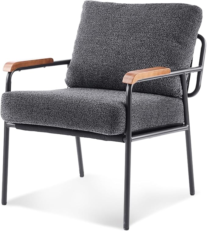 VINGLI Mid-Century Modern Accent Armchiar for Small Space, Small Comfy Upholstered Leisure Reading Chair with Wood Armrest for Bedroom, Living Room, Waiting Room, Linen Grey