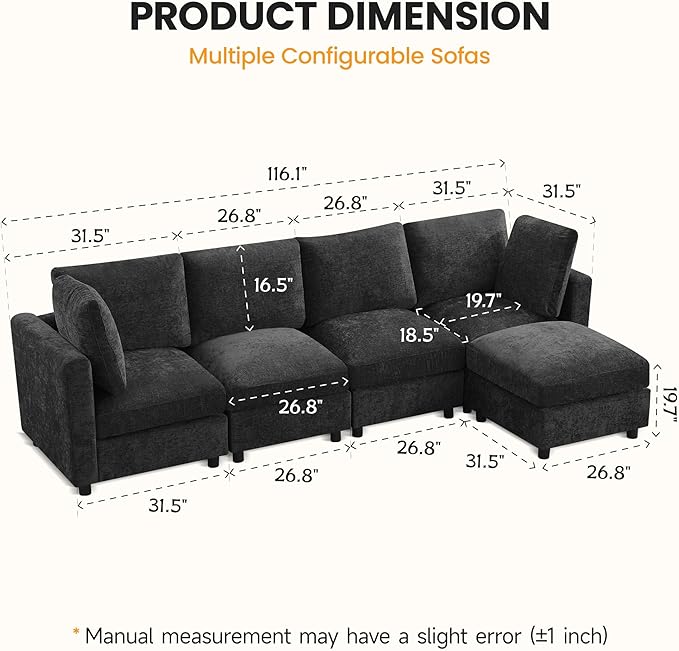 116'' 4-Seater Modular Sectional Cloud Sofa with Ottoman, Convertible L-Shaped Couch for Living Room, Modern Deep Seat Modular Sofa, Chenille Dark Grey