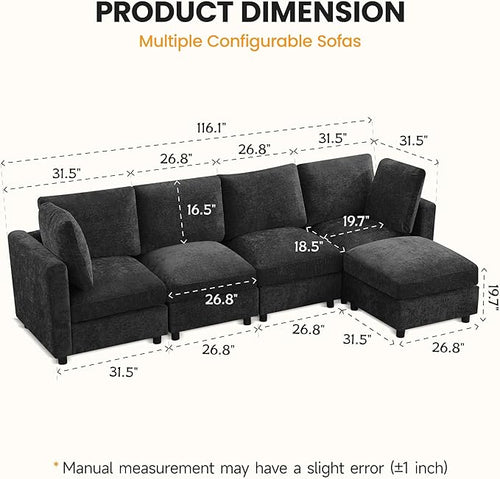 116'' 4-Seater Modular Sectional Cloud Sofa with Ottoman, Convertible L-Shaped Couch for Living Room, Modern Deep Seat Modular Sofa, Chenille Dark Grey