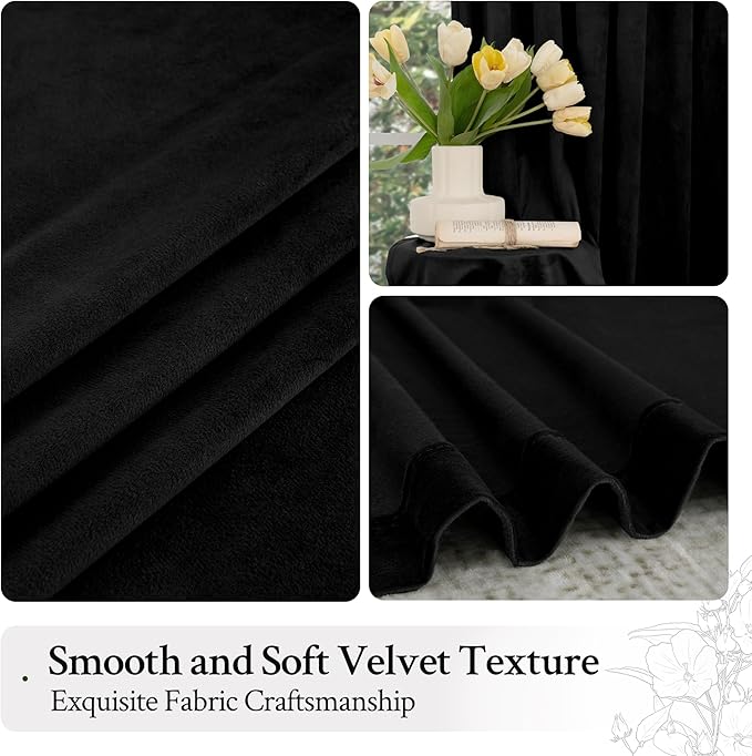 LAMIT Halloween Black Velvet Curtains for Bedroom 72 Inch, Luxury Thermal Room Darkening Drapes Back Tab and Rod Pocket Privacy Blackout Panels for Movie Theater, 2 Panels, 52 x 72 Inch