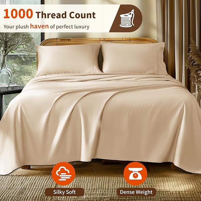 LBRO2M 1000 Thread Count 100% Egyptian Cotton Sheets Set Twin XL, 3 Piece Sets Bed Sheet Deep Pocket Sheet Set 16" Soft Comfortable All Season(Twin XL, Cream)