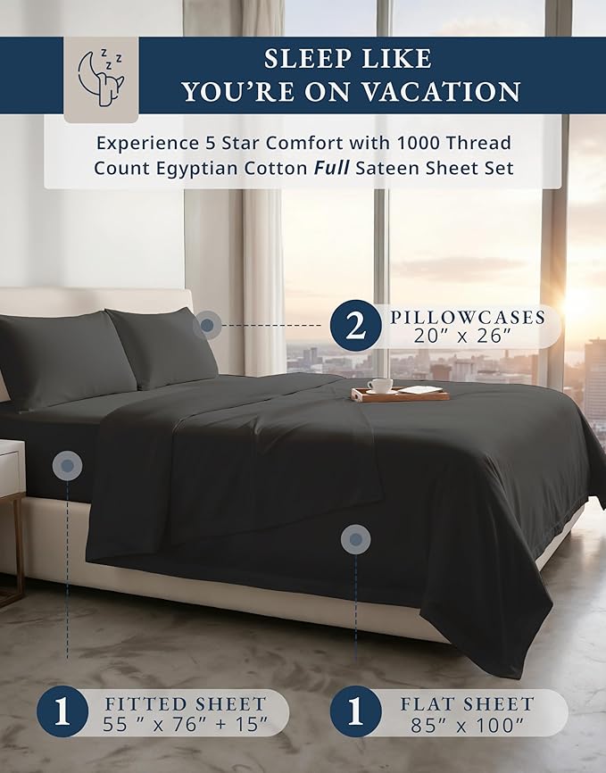 LANE LINEN 100% Egyptian Cotton Sheets Set Full Size Bed - 1000 Thread Count, Fully Elasticized Reinforced Seams Extra Deep Pocket Full Sheets Set, No Pill Fade Resistant Cooling - Black