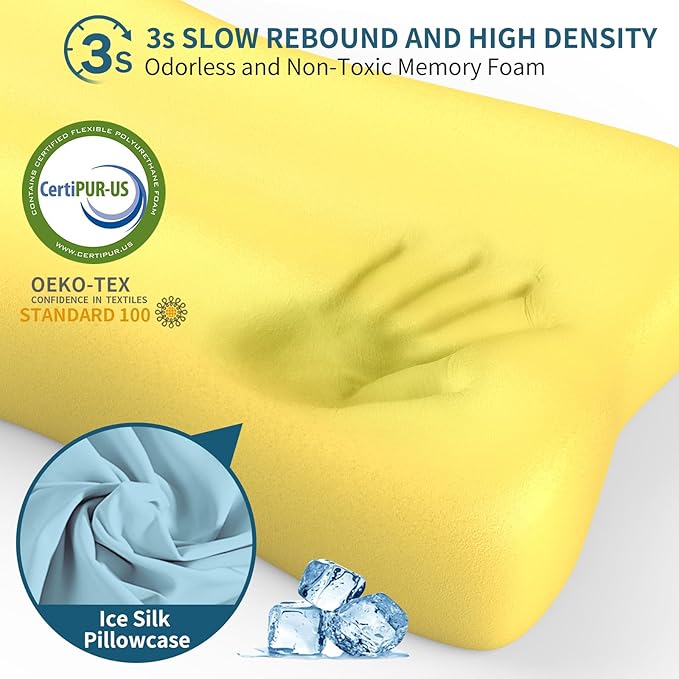 Cervical Neck Pillow, Contour Memory Foam Pillows for Neck Pain Relief, Ergonomic Pillow for Sleeping, Orthopedic Bed Pillow Neck Support Pillow for Side Back Stomach Sleepers with Cooling Pillowcase