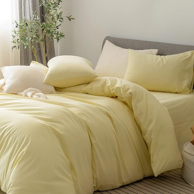 FOSSA Duvet Cover Set 100% Washed Cotton Linen Feel Super Soft Breathable Cozy 3 Pieces Bedding Sets Solid Pastel Yellow Queen