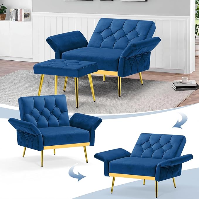 Velvet Accent Chair w/Adjustable Armrests and Backrests, Tufted Single Sofa with Ottoman, Upholstered Reading Chiar for Living Room, Apartment, Bedroom, Blue
