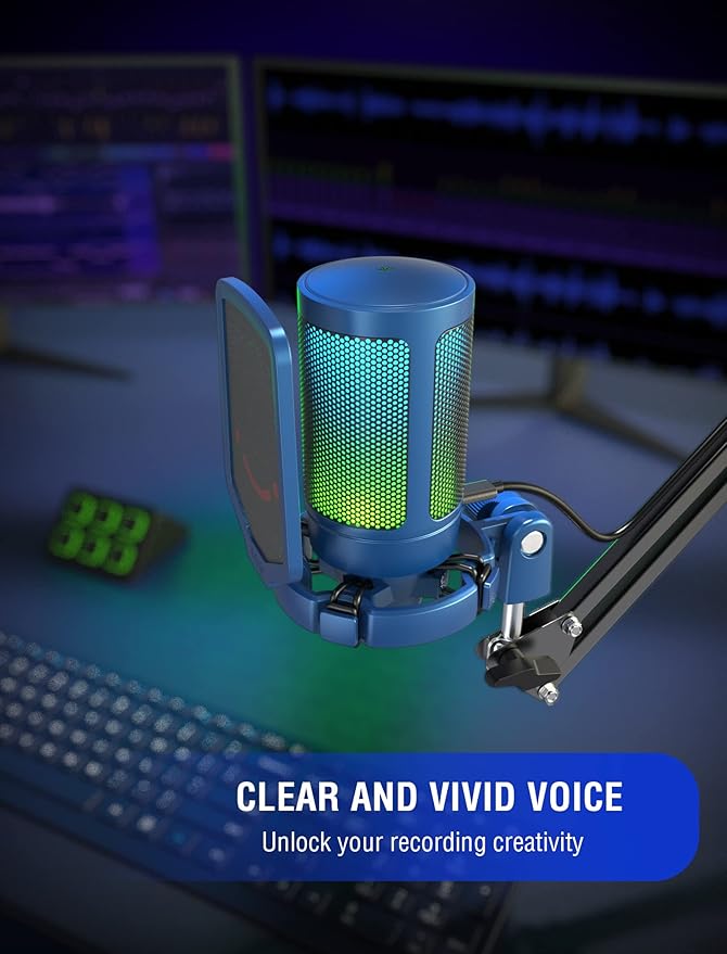 FIFINE Gaming Streaming USB PC Microphone for Mac OS/Windows, AmpliGame Condenser Cardioid Mic with RGB for Video Vocal Recording Twitch Discord, Gamer Computer Mic-Blue