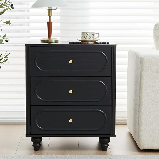 Fluted 3 Drawer Dresser for Bedroom, Modern Mid Century Chest of Drawers, Wood Storage Small Dresser Organizer for Bedroom Living Room Hallway Closet, Black