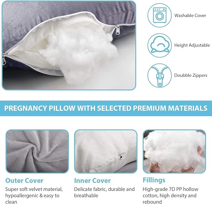Pregnancy Pillow J-Shaped Full Body Pillow, 59 inch with Velvet Cover Easy to Remove and Wash, Support Pregnant Women's Backs Legs and HIPS, Improve Sleep,Pregnancy Pillow for Women ，Gray