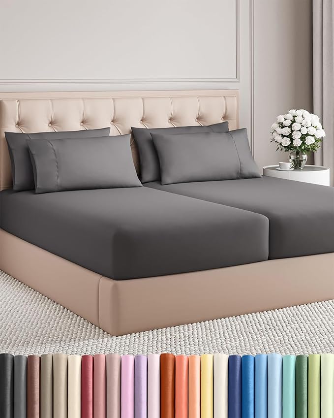 Split King 7 Piece Sheet Set - Cooling & Breathable - Hotel Luxury Bedding, Includes Fitted Sheets for Women, Men, Kids & Teens - 1 Flat, 2 Fitted Sheets, 4 Pillowcases with Deep Pockets - Dark Grey