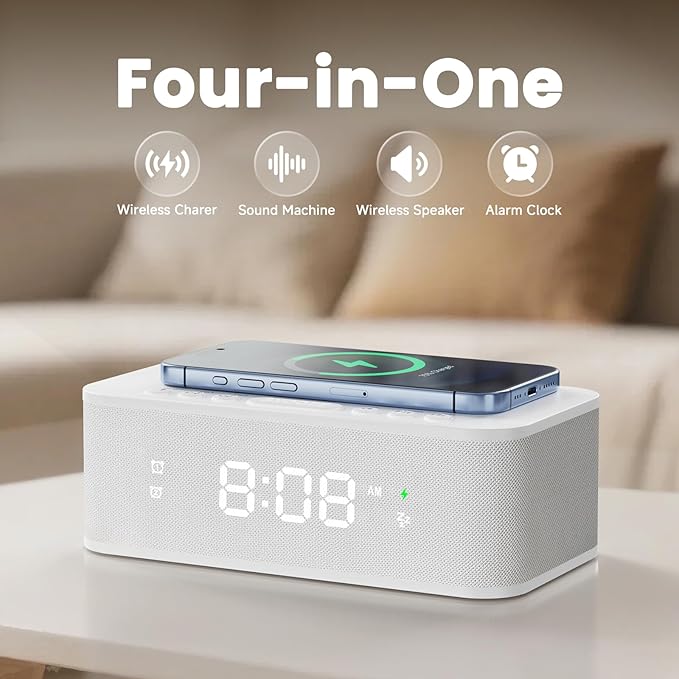 Digital Alarm Clock White Noise, Loud Digital Alarm Clocks Bedrooms, Alarm Clock Speaker Wireless Charger AUX USB Bluetooth Speaker 12/24H Dual Alarm Snooze Adjustable Brightness, White