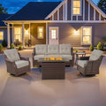 Belord Wicker Patio Furniture Set with 41” Fire Pit Table - Swivel Rocker Glider Outdoor Chairs with Sofa and Glass Top Side Table, All-Weather Removable 6" Beige Seat Cushion for Warm Patio Evenings