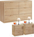 LEYAOYAO Fluted Dresser and 3 Drawers Nightstand Set of 2, Wood 48" Wide Dresser & 23" Night Stand with Charging Station, 3 Piece Bedroom Furniture Set, Chest of Drawers for Home,Living Room,Wood
