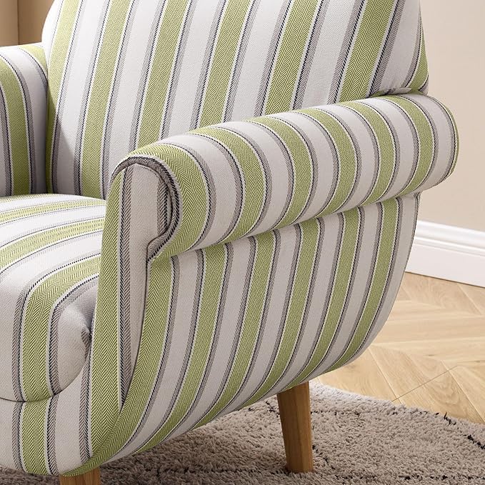 VANOMi Mid-Century Accent Chair with Stripe Pattern, Modern Linen Fabric Armchair with Wood Legs, Club Chair for Living Room, Comfy Upholstered Side Chairs for Bedroom, Reading, Small Place (Green)