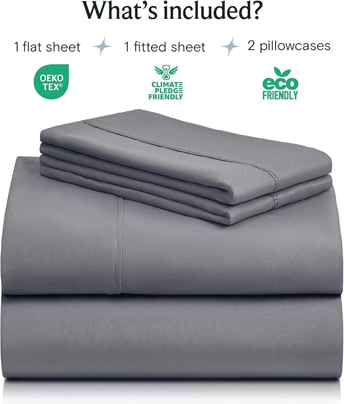 LuxClub 4 PC Queen Sheet Set, Deep Pockets Wrinkle Free Cooling Bed Sheets Hotel Bedding for Women, Men, Includes 1 Fitted Sheet, 1 Flat Sheet and 2 Pillowcases-Soft Light Grey