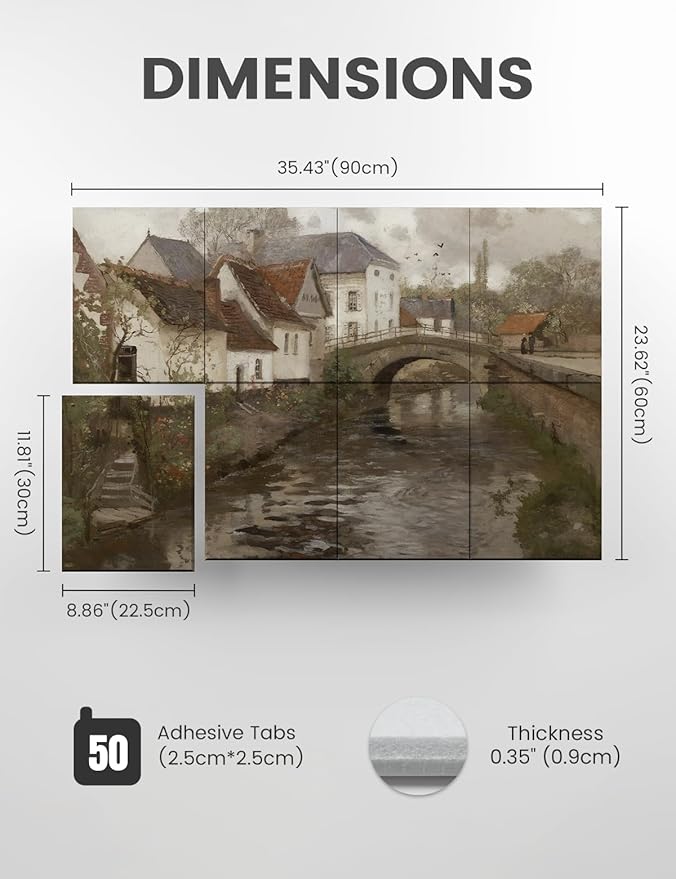 Wall Art Acoustic Panels,35''X24''Soundproof Wall Panels-8-Pack with 50 Adhesive Tabs, Panels for Living Room and Recording Studio, Offices-Small Town Near La Panne
