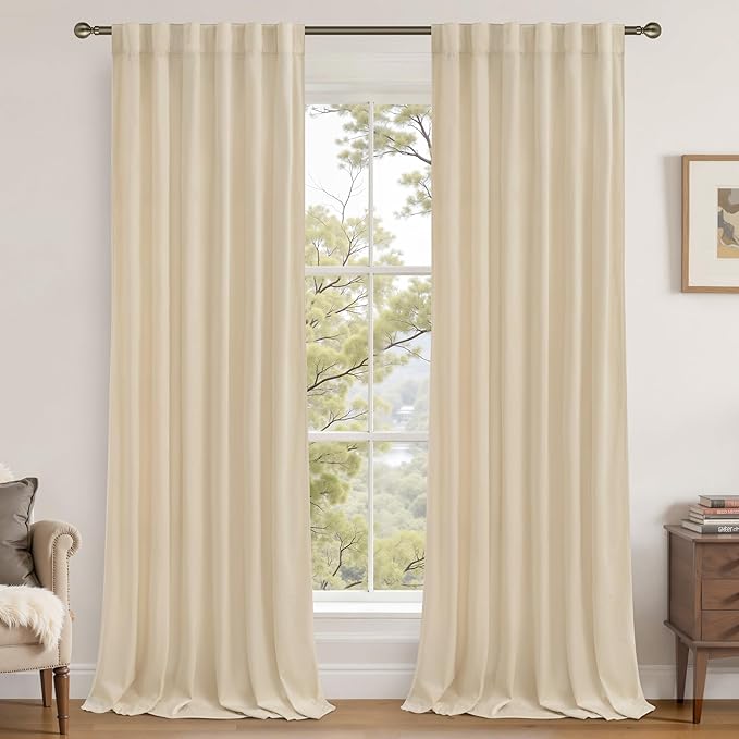LAMIT Beige Velvet Curtains for Living Room 96 Inches Long, Elegant Thermal Panels Noise Reducing Back Tab and Rod Pocket Drapes for Bedroom/Farmhouse, 2 Panels, 52 x 96 Inch