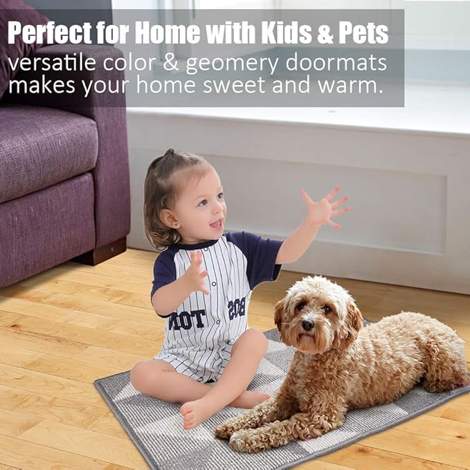 Indoor Doormat 20"x 32", Absorbent Front Back Door Mat, Rubber Backing Non Slip Floor Mats Inside Mud Dirt Trapper Outside Entrance Front Door Rug Carpet, Machine Washable Low Profile - Grey Geome