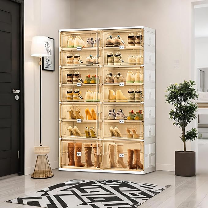 28 Pairs Shoes and Boots Storage Cabinet of 3-Step Fast Installation,Plastic Shoe Box with Clear Magnetic Door for Display, Shoe Organizer for Sneaker, Sandals, Heels (2 Row, 7 Tier)