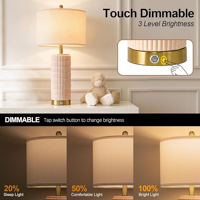 PoKat 25'' Table Lamps Set of 2 for Bedroom with 3-Way Dimmable Touch Control, Bedside Lamps with USB A+C Ports for Living Room, Modern Ceramic Pink Lamps for Kids Girls Decor (2 Bulbs Included)
